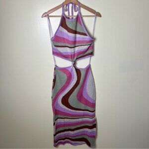 Dee Elly Bodycon Knit Halter Cutout Maxi Dress Multicolor Swirl Print Purple Med
